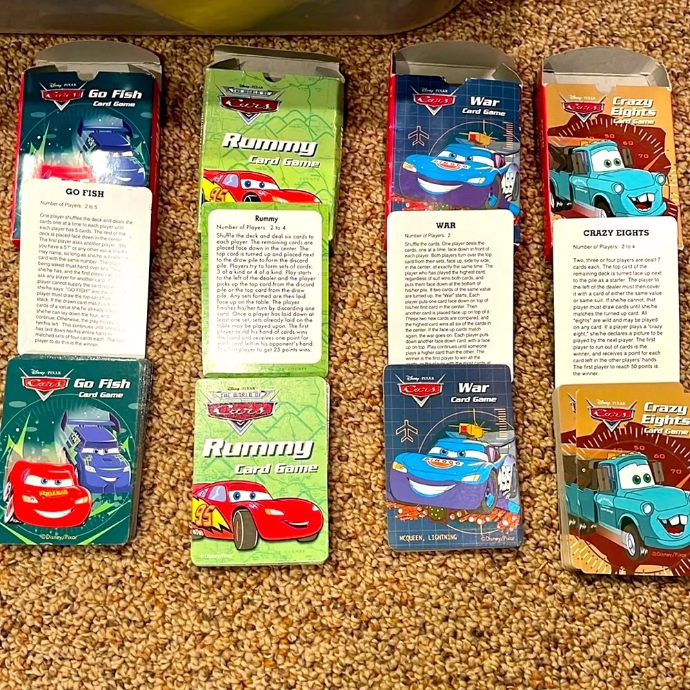 Set of four Disney Pixar Cars fun McQueen Mater playing card games ages 4+ EUC